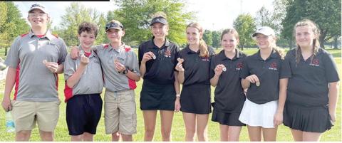 The Columbus Junior High Golf Team placed second in the Galena Invitational Tournament, Thursday, at Schifferdecker Golf Course. Team members are: Caden Stark, Jake Wary, Trevor Lacen, Kip Saporito, Tymber Newberry, Ally Walters, Raelee Engroff, and Raygen Spoonemore. The teams top four scorecards totaled 246 combined points. Caney Valley took five of the top six places to win the team title with 188 total points. Courtesy photo.