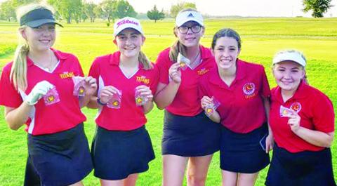 The Lady Titan Varsity Golf Team opened their season on the Oswego Golf Course for the Labette County High School Tournament, Tuesday. The Columbus Team placed third after losing a tie breaker to Chanute. Lady Titan Senior, Reese Grundy, placed second and junior, Mallory Thompson, took top medalist in the SEK League dominate field. Paige Patton, Natalie Wary and Avery Neely, added their scores to the team total.