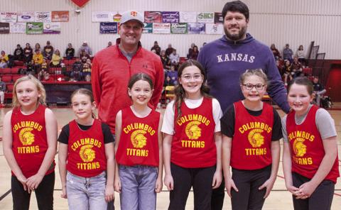 Members of the Columbus Recreation Lady Titans Basketball League were introduced at the Titan Basketball Games in February. The fourth grade team consists of Julia Baker, Shay Webb, Jaycee Rodriguez, Kree Saporito, Adelyn Midgett, and Ruby Ellis. The team is coached by Chet Saporito, Clint Ellis, and Brian Midgett (not pictured). Team members unable to attend the introduction ceremony are: Riley Carson, Rylie Spear, Remy Schuberger, Elle Jessee, McKenzie Leonard, Oakley Hamilton, and Deklyn Roberts.