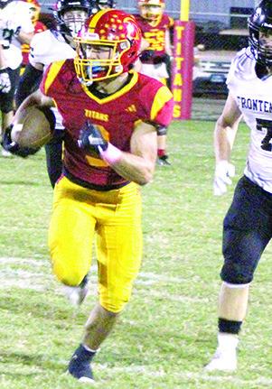 Titan Senior, Jayden Rodriguez, scored both Titan touchdowns and collected 145 yards on passes from senior, Jett Tanner, in the Friday night district loss to Frontenac, 14-41, at Titan Stadium.