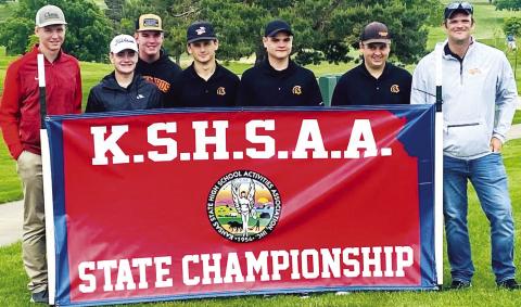 Members of the Titan Golf Team that qualified in the team competition, as Class 3A Regional Runner-up, for the Kansas Class 3A State Golf Championship in Dodge City, Monday are show at the tournament with coach Cody Murdock. None of the Columbus Squad was able to advance to day two, missing the cut and ending the season. Team members are: Cole Youngblood, Luke Gray, Slade Parker, Mack Kirk, Zane Gray, and Tucker Schalk. Courtesy Photo.