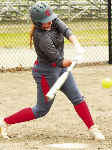 Kaitlynn (KT) Lopp, connected for a hit during practice, Thursday, March 23 at the Community Field Ballpark. Practice paid off when KT collected a pair of home runs during the Lady Titans season opener, Monday, in Altamont. The junior slugger also had a double to earn six RBIs and score three runs in the 17-1, Columbus win over Labette County.