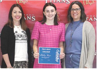 Mallory Thompson was the recipient of the Columbus Public Library Scholarship in the amount of $500 from Carly Rowton and Kelly Walters, USD 493 Employees during the 2025 Senior Assembly, May 16, at the Columbus Unified High School.