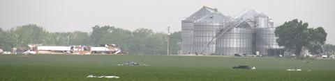 Sunday nights storms did considerable damage to locations in and around Hallowell and Sherwin. At least one building was demolished and a grain bin sustained severe damage.