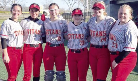 Columbus Lady Titan Seniors, Katy Mooney, Brylie Johnson, Torey Tedlock, Hannah Johnson, Hailey Ediger, and Madisen Rand and the entire team opened their season with a jamboree event in Chanute, Saturday. Columbus is hosting their home opener, Thursday, at the Columbus Community Field Ballpark’s Rockett Field. The varsity game will begin at 4:30 p.m. followed by the junior varsity game. Courtesy photo.