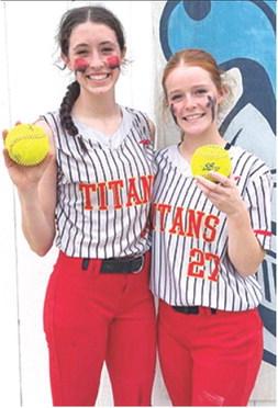 Two Lady Titans cleared the fence for a pair of home runs to propel their team to the 20-1, run-rule, win over Southeast, Tuesday, in Cherokee. Juniors, Natalie Wary and Bentley Townsend knocked in five runs combined in the win. Bentley homered in the home opener loss, Monday to LCHS. Courtesy photo.