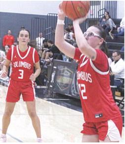 Lady Titan Senior, Torey Tedlock, scores one of her two buckets in the, 32-42, loss in Frontenac. Senior, Brylie Johnson, is in position for an outlet pass and was the games’ leading scorer with 16 points.