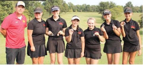 The Columbus Unified High School Lady Titan Golf Team hosted their season opener, Columbus Invitational, Thursday, at the Brush Creek Golf Course. Led by Cali Carpino, who placed second in individual scoring, the Lady Titans placed second in the team standings, three strokes behind Caney Valley. Team members are: Coach Jerry Smiley, Fallon Smiley, freshman; Natalie Wary, junior: Hannah Noel, junior; Amory Neely, junior; Cali Carpino, freshman; and Addison Johnson, freshman.