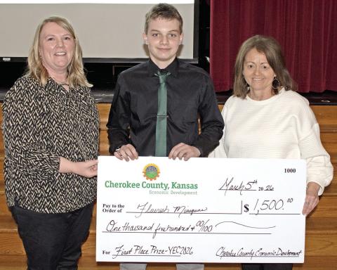 A microgreens company called Flourish Microgreens founded by Jacob Busse from Baxter Springs High School was the top winner at the Youth Entrepreneurship Fair held Thursday, March 5. Holly Johnson and Donna Westervelt presented Busse with his $1,500 check.