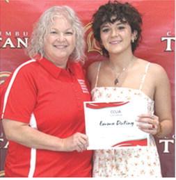 Emma Duling received a $250, Sammie Ross, CCLIA Scholarship from CCLIA Representative, Rhonda Herrenbruck, during the May 16, 2025 Senior Assembly at the CUHS Gymnasium.