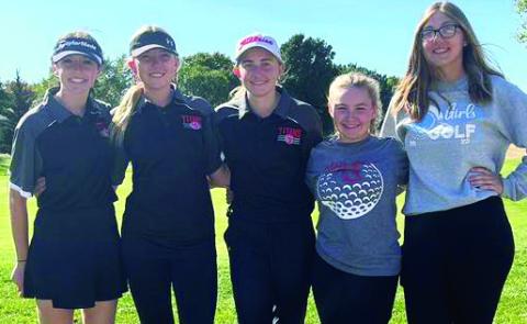 Three Columbus Lady Titan Golfers played their way to round two of the Kansas Class 3-1A State Championship, Tuesday, at the Hesston Golf Course. Freshman, Natalie Wary; senior, Reese Grundy, and junior, Mallory Thompson played for the top spot in girls golf. Freshman, Avery Neely and junior, Anna Head had a good showing for the first 18-holes but missed the day two cutoff. This is the third year the Lady Titan Team has qualified for the state event. Courtesy Photo.