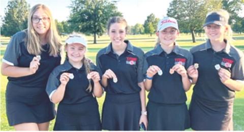 The Lady Titan placed second at the Galena Invitational, Thursday at Schifferdecker Golf Course in Joplin, Mo. Columbus was second behind St. Mary’s-Colgan. Senior, Reese Grundy place second in the individual standings. Team members are: Anna Head, Amory Neely, Natalie Wary, Mallory Thompson, and Reese Grundy. Courtesy photo.