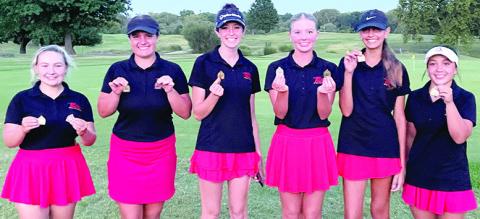 The Columbus Lady Titan Golf Team picked up their fourth tournament team win of the season in the predominately SEK League Tournament in Independence, Tuesday. Cali Carpino, Fallon Smiley, Amory Neely, and Natalie Wary placed in the top 11 individually to earn the tournament team championship with 376 combined strokes. Caney Valley was second, 18 strokes behind the winners with a 394 total. Team members are Amory, Fallon, Natalie, Cali, Addison Johnson, and Hannah Noel. Courtesy photo.