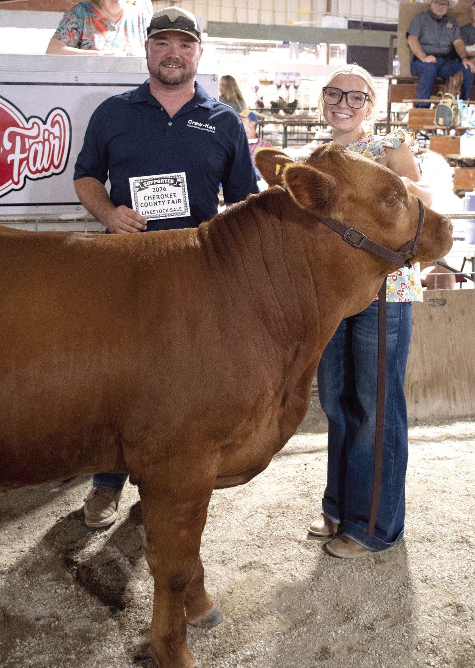 Rylee Heistand’s Grand Champion Feeder Calf brought in a $1,700 premium during the livestock auction at the Cherokee County Fair. The premium was paid by CrawKan Telephone Cooperative, represented by Nick Bole. Heistand is a member of the Spring Valley Sparkler 4-H club.