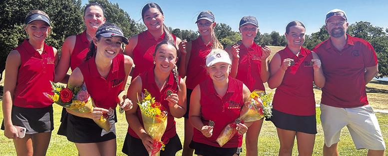 The Lady Titan Golf Team opened their CNC League schedule with a win on their home course, Thursday, at Brush Creek. The team also recognized the 2026-27 seniors in their final home tournament. Front row: seniors, Natalie Wary, Hannah Noel, and Amory Neely. Back row: Tyler Kirk, Elaina Garcia, Kristen Flinn, Addison Johnson, top medalist for the day, Cali Carpino, Fallon Smiley, and Head Coach Jerry Smiley. Courtesy photo.
