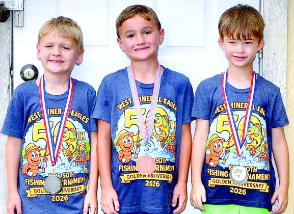 West Mineral fishing derby winners in the ages three-six bass category incldued Daxton Wimp, first, with a 4.74 catch. He also placed third in the crappie class. Maverick Babcock, second, with a catch of 2.51 pounds and Dystan Moyer, third, 2.03 pounds. Courtesy photo.