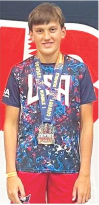 Briggs Johnson wrestled to an individual second place finish in his weight class at the 2026 Cowboy Rumble in Branson, Mo., Saturday and Sunday. He placed seventh with his team, the Heartland Eagles. Briggs is a seventh grader at Columbus Junior High School. Courtesy photo.