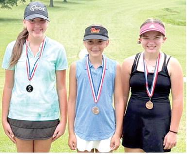 Cami Carpino, placed second; Olivia Dainty, third; and Alaina Smiley, fourth in the girls 12-14 age division of the Columbus Junior Golf Invitational Tournament, June 4 at the Brush Creek Golf Course. The girls are members of the Columbus Junior Golf Program. Courtesy photo.