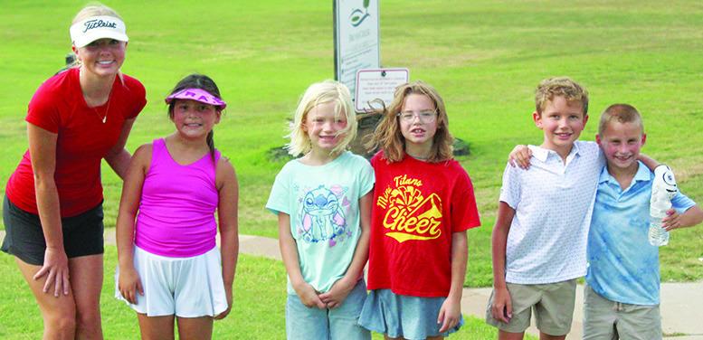 The four-week camp for junior golfers concluded Thursday with five players taking the opportunity to learn from Columbus Unified High School Sophomore, state qualifier, Cali Carpino. The free camp was offered four Thursdays in July and August by Cali and Easton Long, senior, CUHS state qualifier, at the Brush Creek Golf Course. Those attending the final session were Rae Smith, Quynn Baylor, Brynn Baylor, Hollis Haverkamp, and Jack Koons.