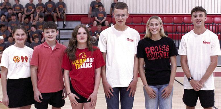 The Columbus 2026 Titan Cross Country Team was introduced during Meet the Titan Night at the CUHS Gymnasium, August 21. Freshmen, Cora Rider and freshman, Tanner Scott, join the team for their rookie campaign. Myah Tash, sophomore; junior, Cooper Grundy; senior Cara Altis, and senior, Levi Simpson will hit the course, Thursday, at Labette County. (Not pictured Drake Laurance, senior.)Races have been changed to two miles for high school and one mile for jr. high beginning at 10 a.m. due to heat forecasts.