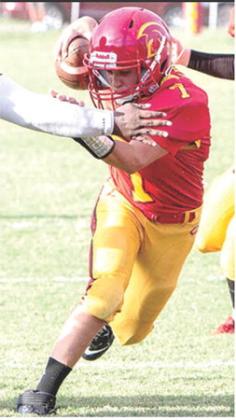 Columbus Junior High Seventh Grader out manoeuvres the long arm of the Parsons defender in the September 24, CJHS game against Parsons. The “A” Team got the win, 22-8, at Titan Stadium. Photo by Kristin Sharp.