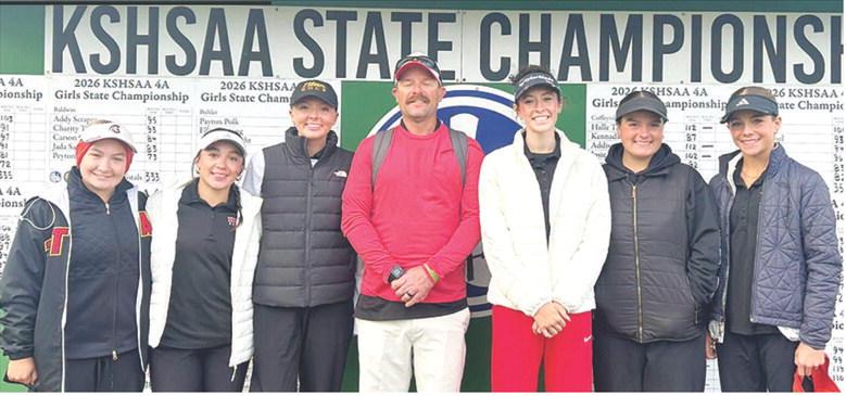 The Columbus Lady Titan Golf Team placed sixth out of 12 teams at the Kansas Class 4A State Golf Tournament, Tuesday, at the Turkey Creek Golf Course in McPherson. Team members are: senior, Amory Neely; senior, Hannah Noel; sophomore, Cali Carpino; Head Coach Jerry Smiley; senior, Natalie Wary; sophomore, Fallon Smiley; and freshman, Tyler Kirk. Carpino tied for fifth place individually and Wary tied for 15th to earn medals for Columbus. Courtesy photo.