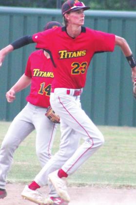Kolt Ungeheuer, Titan Senior, steps on second and throws to first for a pair of outs on the double play in the, 7-3, Columbus win over the Lions in Baxter Springs, Monday. The play was the third double play of the game with Kolt being the middle man on a 4-6-5, two-out play in the third inning and an unassisted double play in the first inning when he caught a line-drive and doubled up the runner off the bag at second.
