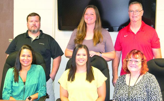 New teachers in the Columbus School District were welcomed to their new positions by Chamber of Commerce Secretary and News-Report publisher Larry Hiatt. The new teachers include (back row, l to r) Brian Walrod, Jesicca Harris, Michael Kipp, (front row) Veronica Long, Sidnee Donaldson and Jackie Allmendinger.