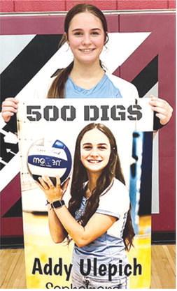 Southeast Sophomore, Addy Ulepich, surpassed 500 digs during the Lady Lancers final regular-season triangular against Marmaton Valley and Northeast at Arma, Thursday. Courtesy photo.