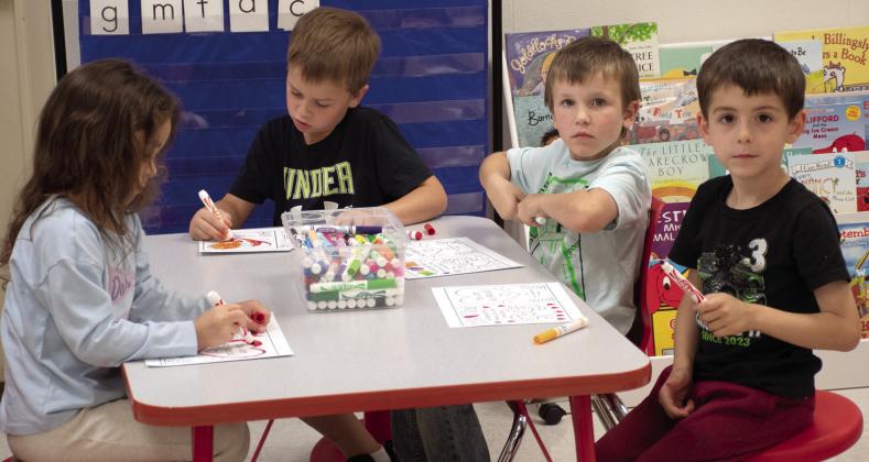 Kindergartners in Christie Saporito’s class worked on coloring cards for residents of Autumn Place in Columbus as part of the Community Day of Service October 7. Students Avrey Rawlins, Kayson Newcomb, Auggie Clark and Jimmie Robinson worked diligently on their cards.