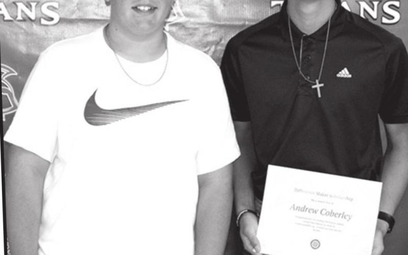 Brody Matson presented the $150 Difference Maker Scholarship to Andrew Coberley.