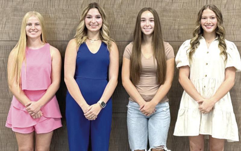 Candidates for Riverton High School Homecoming Queen include left to right freshman Becca Webb, sophomore Geneva Shepherd, junior Ava Price and senior Landyn Martin. The queen will crowned at 6:30 p.m. during the Riverton football game against Cherryvale Friday, October 4. Courtesy photo.