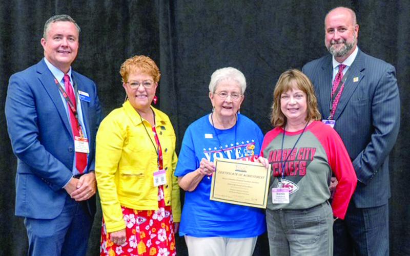 Brenda Barrett, President was presented the Gold Award for the Columbus Mercy Auxiliary at the Hospital Volunteers of Kansas State (HVK) Convention in Wichita September 4. This is the highest award that can be attained by Auxiliary Chapters. Left to right: Chad Austin, KHA President and CEO. Shirley Van Leonen, HVK President. Nancy Horn, HVK, District 2 Coordinator. Brenda Barrett, Columbus Mercy Auxiliary President. George Stover, 2025 KHA Board Chair. Courtesy photo.