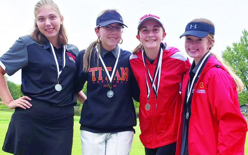The Lady Titan Golf Team placed second in the St. Mary’s-Colgan/Frontenac golf tournament, September 22, at the Pittsburg Golf Course. Anna Head, Reese Grundy, Mallory Thompson, and Paige Patton are four members of the team on the course, Thursday. Columbus is preparing for the regional tournament, October 10 with one regular season event set for Baxter Springs, Tuesday. (Kenlyn Christianson not pictured.)