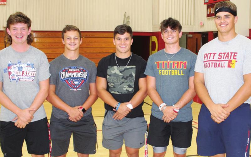 Senior members of the 2021 Columbus Titan Football Team were introduced at the Titan Booster Club’s Meet the Titans Night at the CUHS Gymnasium, Monday. Returning for their final campaign in Titan gear are Nathan Stice, Trent Smith, Gabe Martin, Jaxson Haraughty, and Kody Schalk.