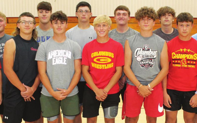 Fourteen members of the junior class were introduced with the 2021 Columbus Titan Football Team at the Titan Booster Club’s Meet the Titans Night at the CUHS Gymnasium, Monday. Back row: Jake Eddington, Brett Hamilton, Cole Minor, Landin Midgett, Austin Freeman, and Jackson Harlos. Front row: Fischer Troxel, Jaydn Hale, Jaspen Tanner, Cade Saporito, Kayden Cox, Nate Cook, and Charles Sharp. Rydge Delmont is not pictured.