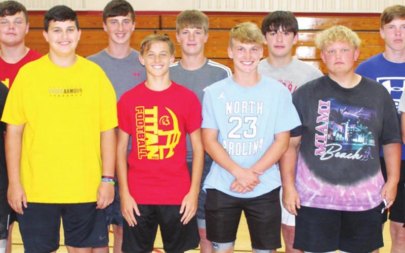 The Columbus High School Freshman Class had 13 representatives on the Titan Football Team introduced at the Titan Booster Clubs’s annual Meet the Titan Night at the high school gymnasium. Front row: Evon Mayfield, Austin Glover, Jonah Smith, Korbyn Newberry, Syler Schuberger, Maddox Ochsner, and Kanyen Smith. Back row: Carter Henry, Owen Roberts, Jace Midgett, Jack Vilela, Brandon Stice, and Kyler Rahmeier.