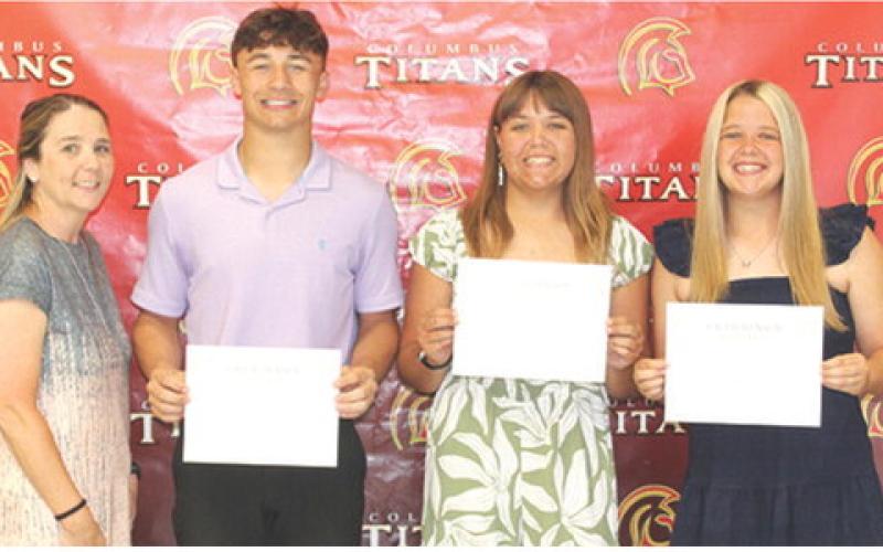Three seniors were awarded the Callie Henson Scholarship the amount of $500 each from Henson Family friend, Ryan Lacen, during the May 15, Columbus Unified High School Senior Assembly at the high school gym. Jayden Rodriguez, Mackenzie Richards and Morgan Richards were the recipients.
