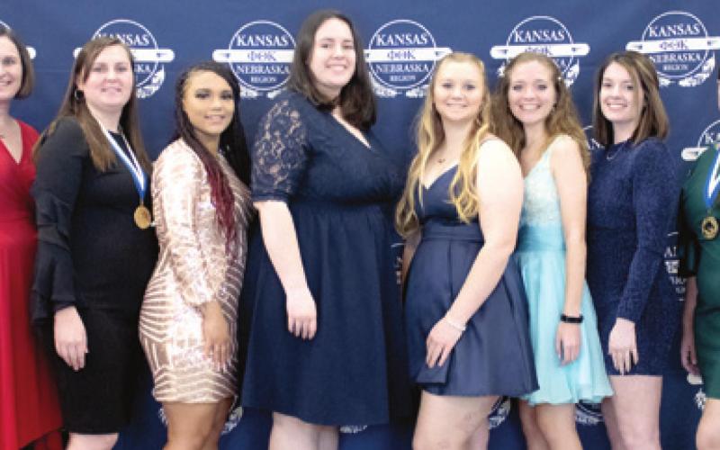 Labette Community College Tau Theta Chapter of the Phi Theta Kappa honor society was named Most Outstanding Chapter at the recent Regional Convention in Overland Park. Tammy Fuentez, LCC PTK Advisor; Ashley Horton, Keyana Brown, Haley Farran, Copenhagen Browning, Megan Baldwin, Emily Langston, Fiona Bartelli. Courtesy photo.