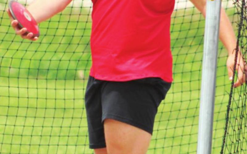 Kody Schalk, Titan Senior, prepares for his throw at a recent meet in Columbus. Kody threw a personal best, 141 feet in the Kansas Class 3A State Track and Field Championship Meet, Saturday at Wichita State University’s Cessna Stadium. He placed 13th in the event.