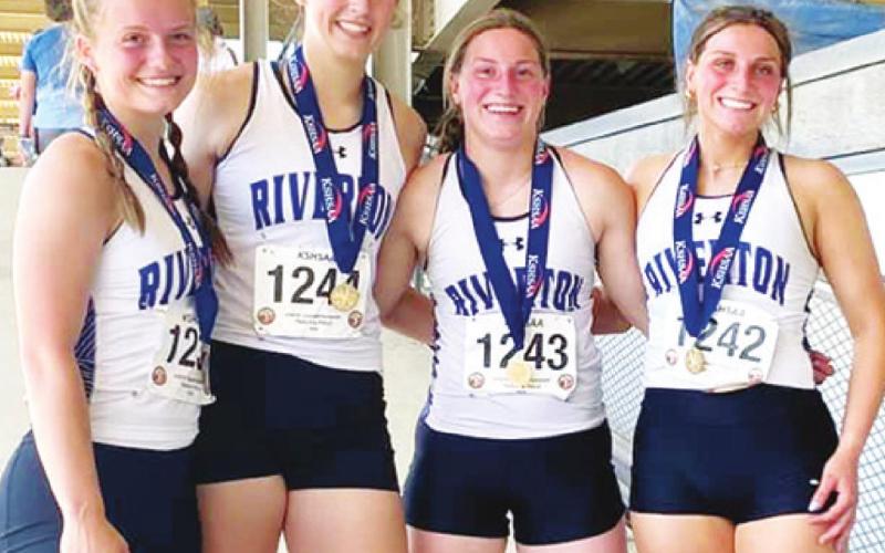 The school record setting Lady Ram 4x100 Meter Relay Team placed fourth in the Kansas Class 3A Track and Field Meet, Saturday, at Wichita State University’s Cessna Stadium. The Riverton All-State Thinclads ran a time of 50.92 seconds. Team members are: Morgan Compton, Jacy Thomasson, Chloe Parker, and Alivia Parker. Courtesy Photo.