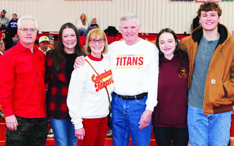 Tournament namesake, Ken Jones and family were on hand, Sunday, December 22, for the awards presentations at the Sixth Annual Ken Jones Classic Tournament hosted by the Columbus Wrestling Club. Ken is shown with family members, daughter, Ellen and husband, Brad Lewis, wife, Barb Jones and grandchildren, Katherine and Kenneth Lewis.