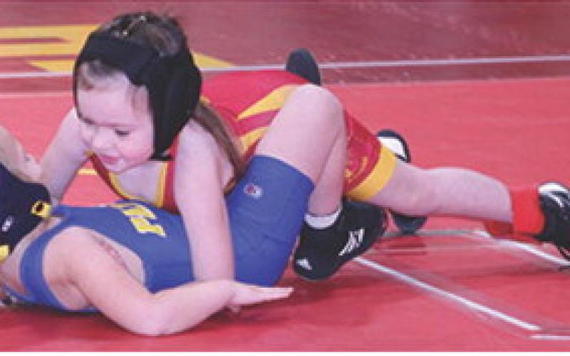 Harper Lloyd won two matches by fall over Vonn Barr-Miller, Parsons to take first place in the Girls 6 and Under, 43-pound weight class at the Sixth Annual Ken Jones Classic Wrestling Tournament hosted by the Columbus Wrestling Club, December 22, at the CUHS Gymnasium.