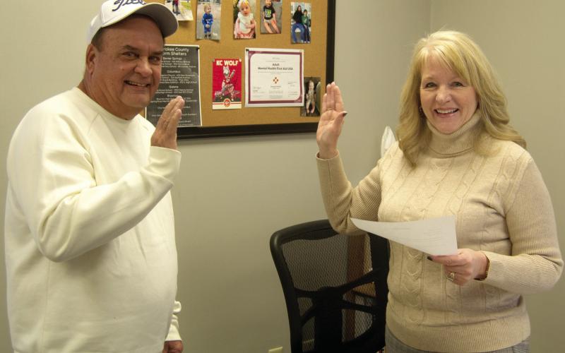 Newly elected Steve Dunlap was sworn into his fourth ward council seat by City Clerk Ruth Hutley. Dunlap was elected by write-in as no candidate filed for the seat. He will be take the seat at the Monday evening meeting.