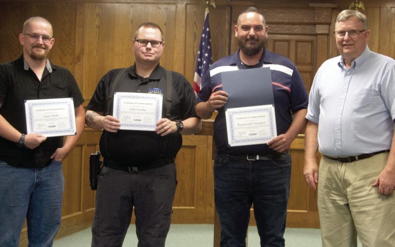 Three Columbus Police officers were recognized by Mayor Grant Spieth at the Columbus City Council meeting Monday night for their actions on October 16, 2020. They include Gary Holt, Arlo Lewke and Raymond Vazquez. Spieth commended the officers for their diligence.