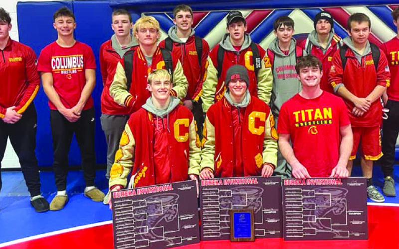 The Columbus Titans placed third in the 31st Annual Eureka Invitational, Saturday, in a field of 26 teams at Eureka. Front row: Korbyn Newberry, Cal Saporito, and Mason O’Banion all earned wins in their respective weight classes. Back row: Kash Smith, Jayden Rodriguez, Chase Pelt, Braun Stone, Trent Lacen, Shade Schubergr, Jasper Cox, Carlson Britt, Garrett Bradley, and Wyatt Pool. See full results on page seven of today’s News-Report. Courtesy photo.