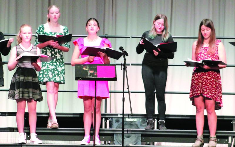 Members of the seventh grade choir performed a fun piece called Lion King Medley arranged by Mark Brymer. Soloists included Cali Carpino, Elaina Garcia, Wyatt Gannaway and Gabby Dainty.