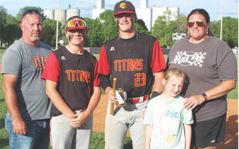 Titan Senior, Jace Midgett, was recognized during Senior Night Ceremonies at Bomber Field in May. Jace is a four-year member of the Titan Baseball Team. He was escorted by his dad, Joey Midgett; brother, Ethan Midgett; mom, Kandi Midgett; and sister, Jasmine Wininger.