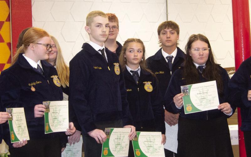 This year there were 15 members of the Columbus FFA receiving the Greenhand Degree for which they were presented a certificate along with a bronze pin which symbolizes strength and durability. This year’s recipients are Kaden Crafton, Kaden Thiele, Addison Cook, Grace Eshelman, Elle Thompson, Isaac Johnson, Alex Thomas, Madalyn Coons, Kenzie McCormick, Breanna Wiseman, Chase Pelt, Alex Welch, Madison Duling, RuthAnn Reynolds and Izabel Manus