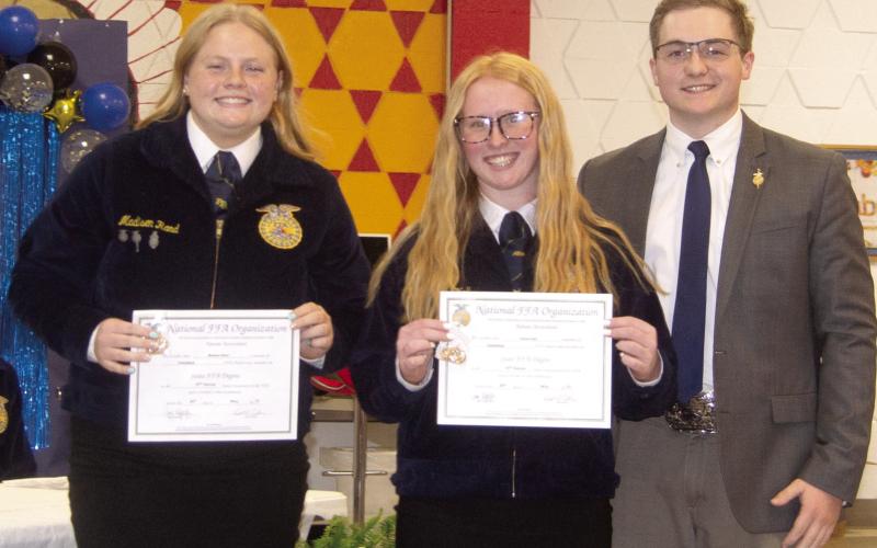 Two of the FFA seniors were recognized with the State FFA Degrees which will be presented to them at the State Convention in the summer. They are Madisen Rand and Gracie Hall, the presentation was made by student teacher Alex Scovill.